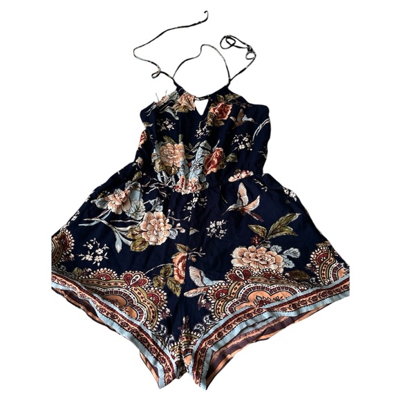 Angie Pants - Angie Floral Boho  festival Halter Romper Hummingbird Print Navy Blue rayon SZ M